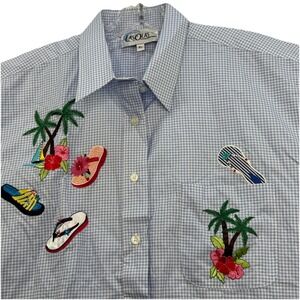 Las Olas Women's XL Blue Checker Plaid Button Up‎ Shirt Flip Flops Summer Beach